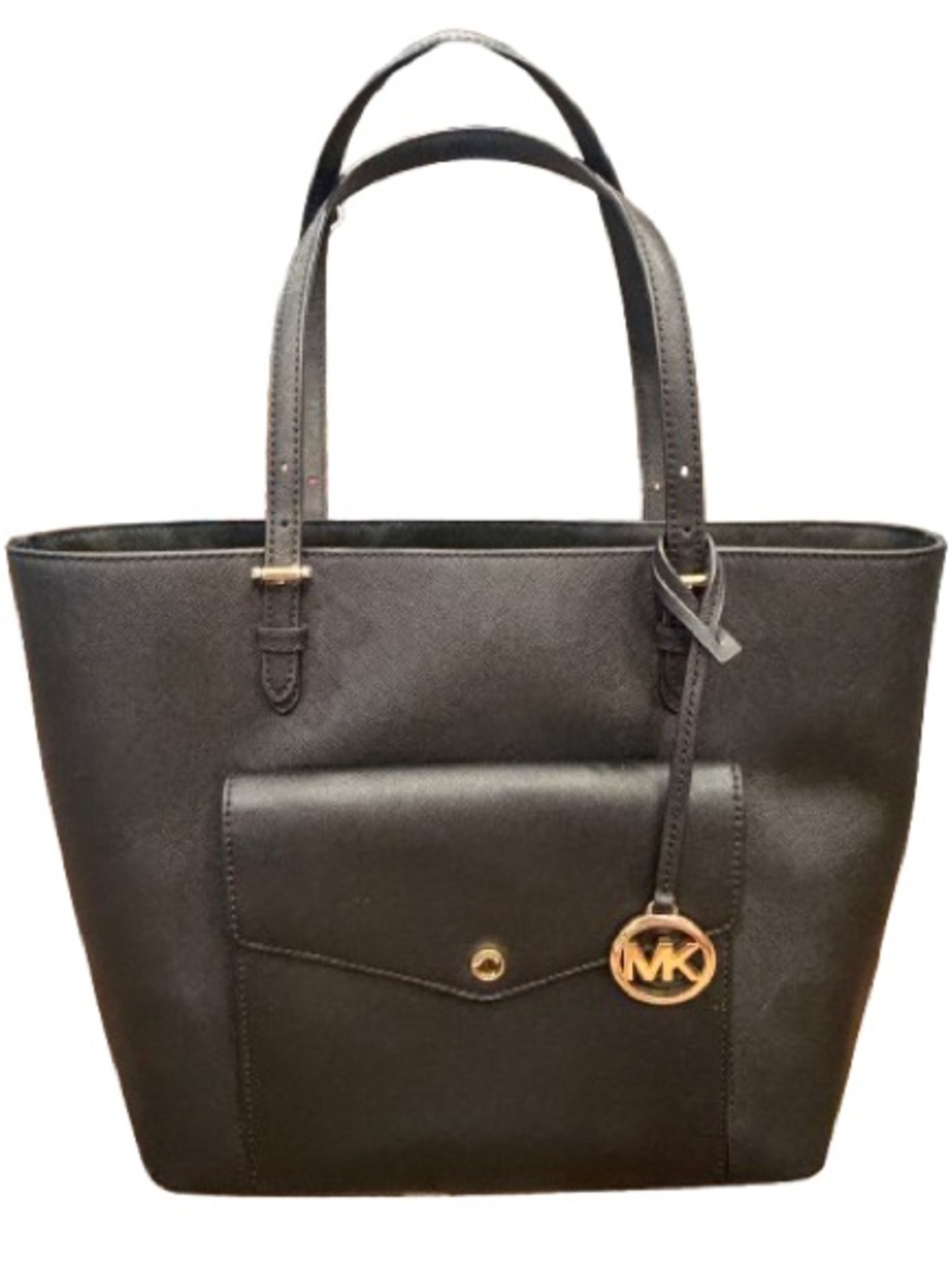 Michael Kors Black Leather Tote with Gold MK Charm